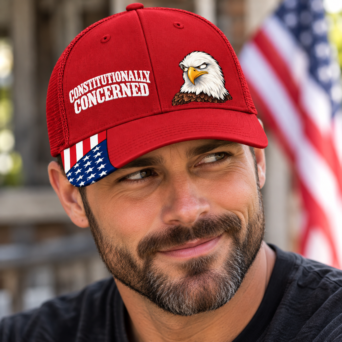 Constitutionally Concerned Patriotic Trucker Hat | Skeptical Bald Eagle American Flag Cap