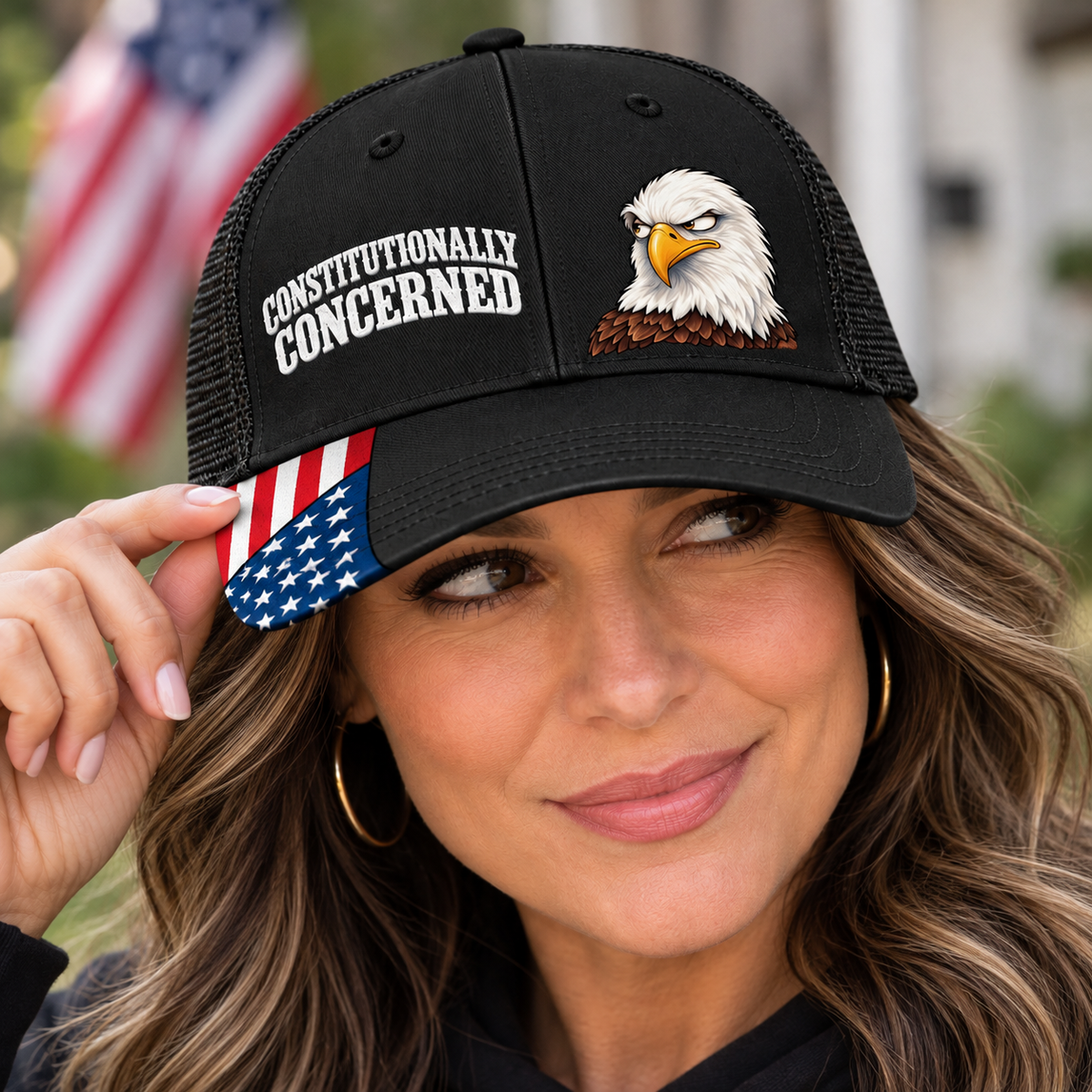 Constitutionally Concerned Patriotic Trucker Hat | Skeptical Bald Eagle American Flag Cap