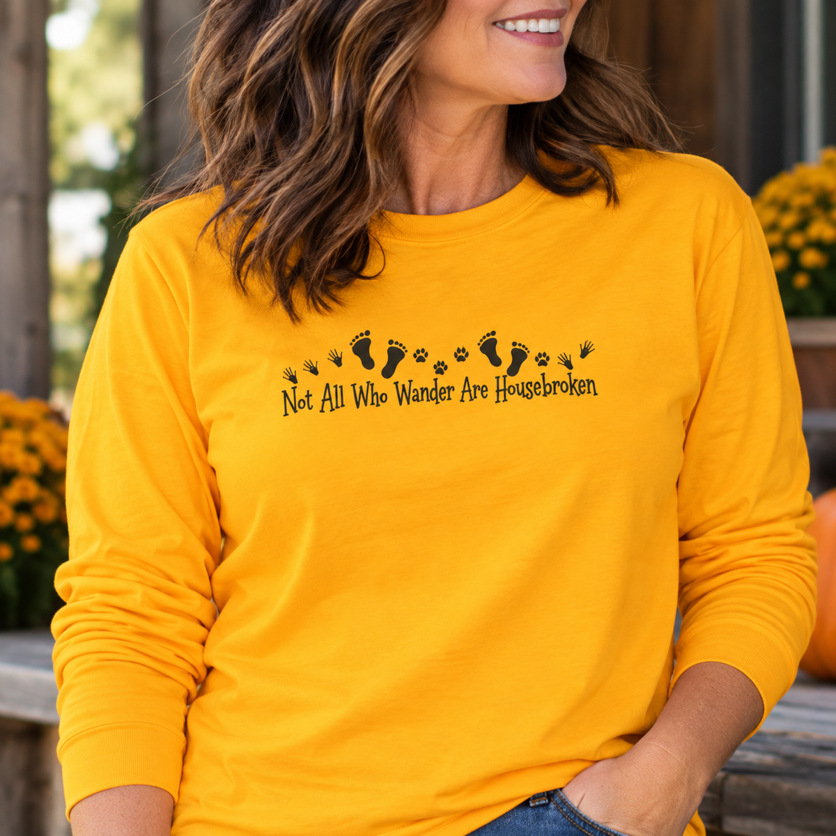 Not All Who Wander Are Housebroken | Bigfoot, Jimothy & Cat Tracks Long Sleeve Tee