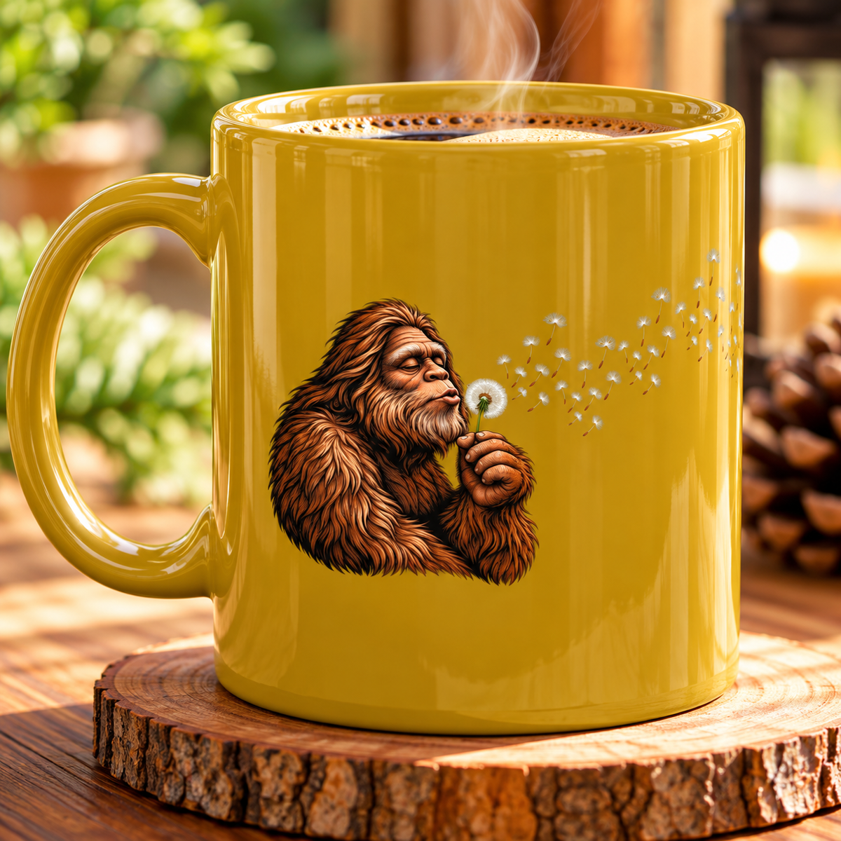 Bigfoot Blowing Dandelion Ceramic Coffee Mug, 11 oz | Sasquatch Gift
