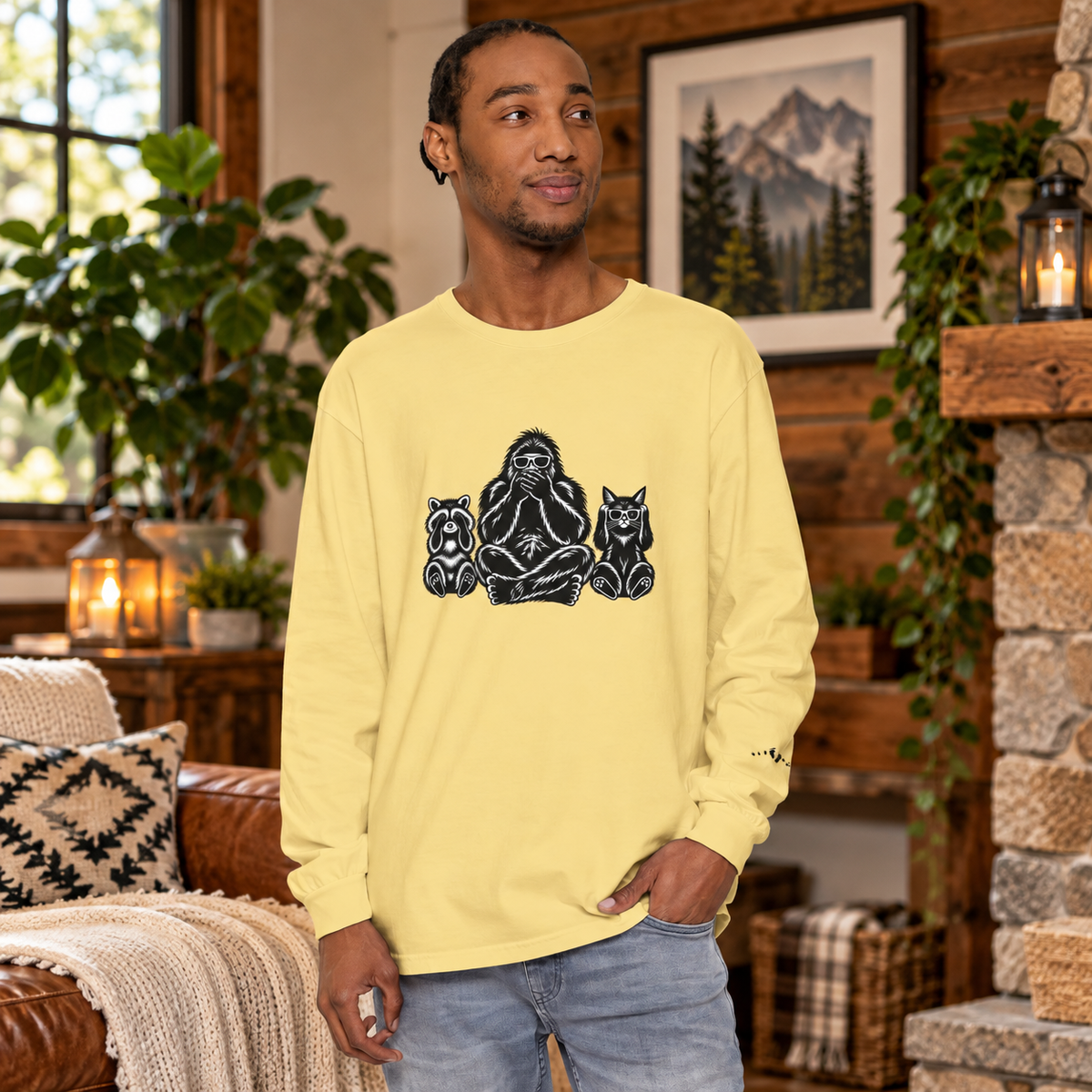 Hear No Evil, See No Evil, Speak No Evil | Bigfoot, Jimothy & Cat Garment-Dyed Long Sleeve Tee
