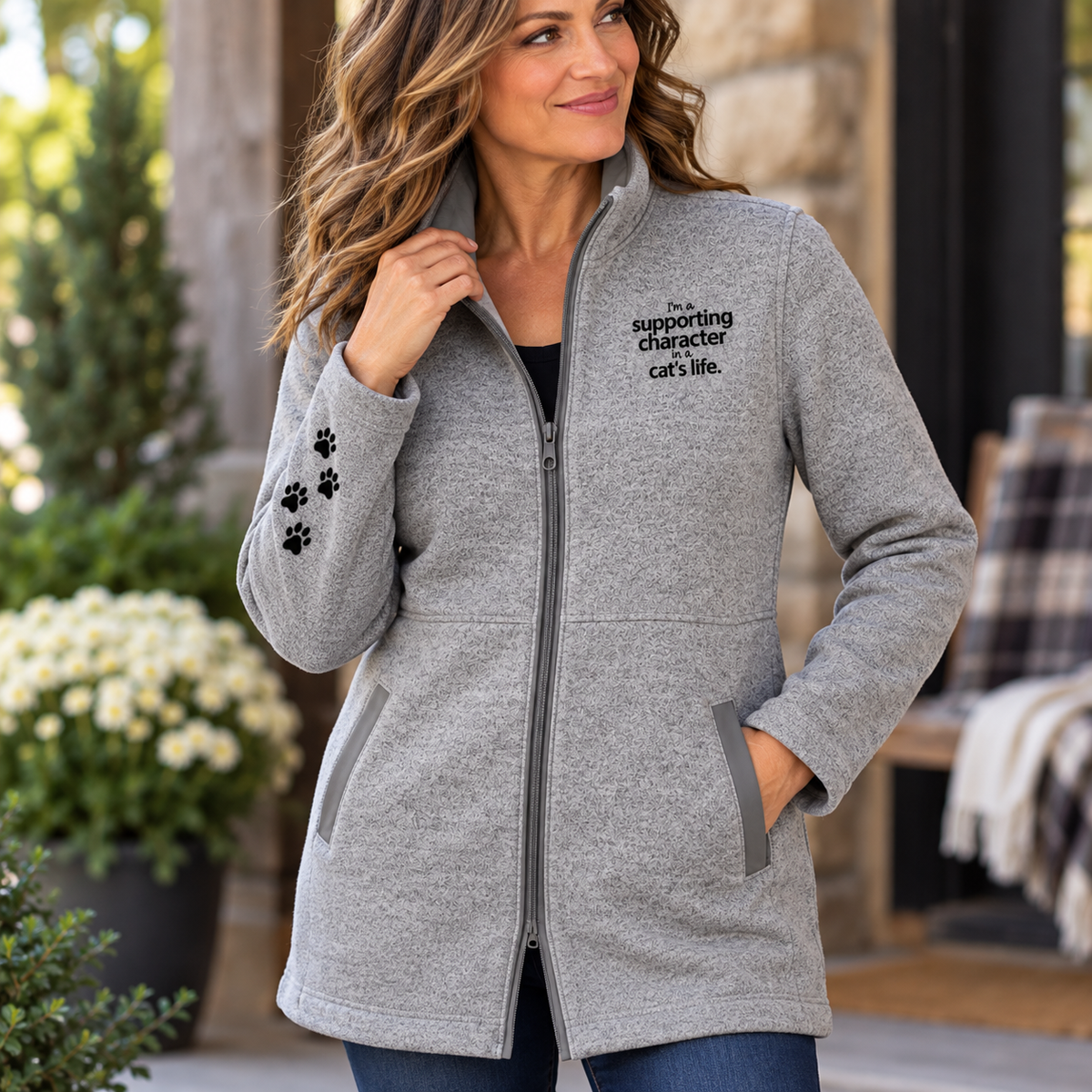 I'm a Supporting Character in a Cat's Life Women's Long Sweater Fleece Jacket | Cat Lover Gift