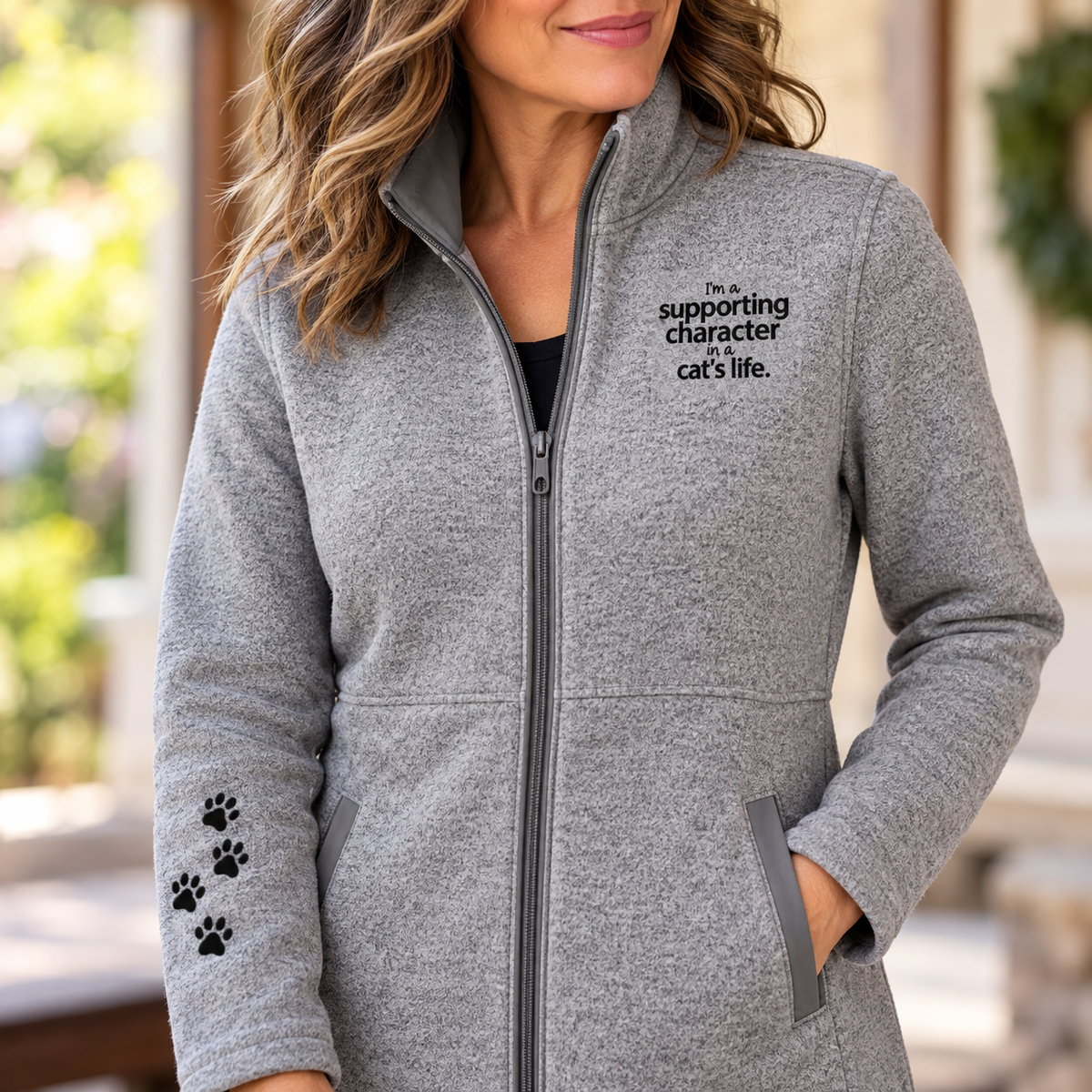 I'm a Supporting Character in a Cat's Life Women's Long Sweater Fleece Jacket | Cat Lover Gift