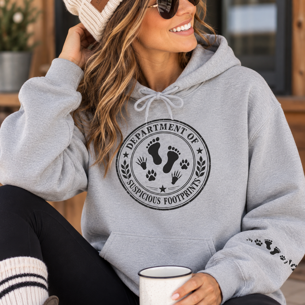 Department of Suspicious Footprints Hoodie | Bigfoot, Raccoon & Cat Cryptid Sweatshirt