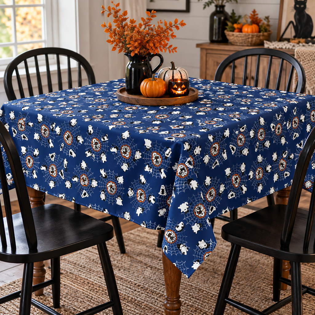 Ghost Cat Spiderweb Halloween Tablecloth | Navy Spooky Cat Table Decor
