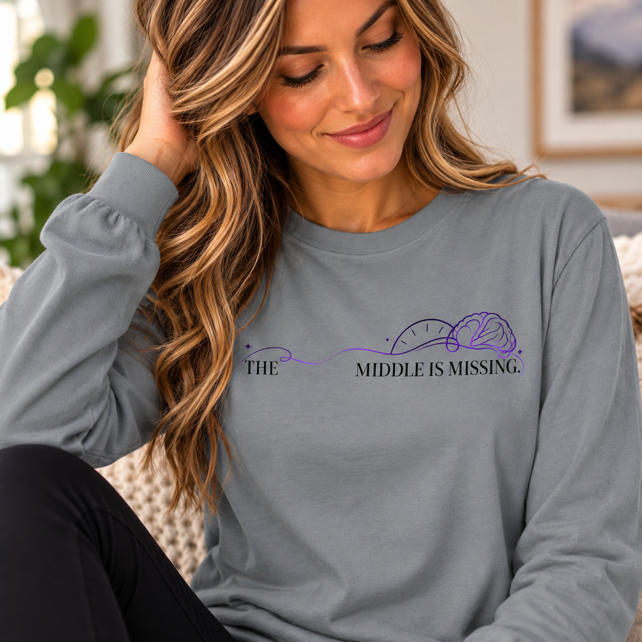Long Sleeve T‑Shirt — “The Middle Is Missing” Minimal Brain Puzzle Design