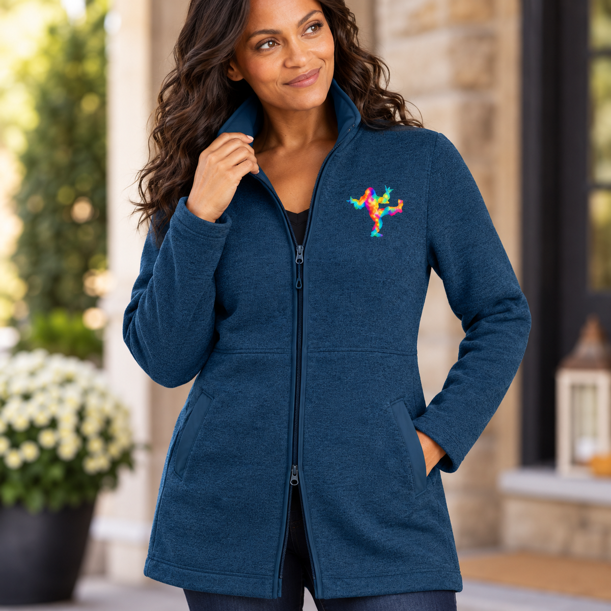Colorful Dancing Bigfoot Women's Long Fleece Jacket | Rainbow Sasquatch Gift