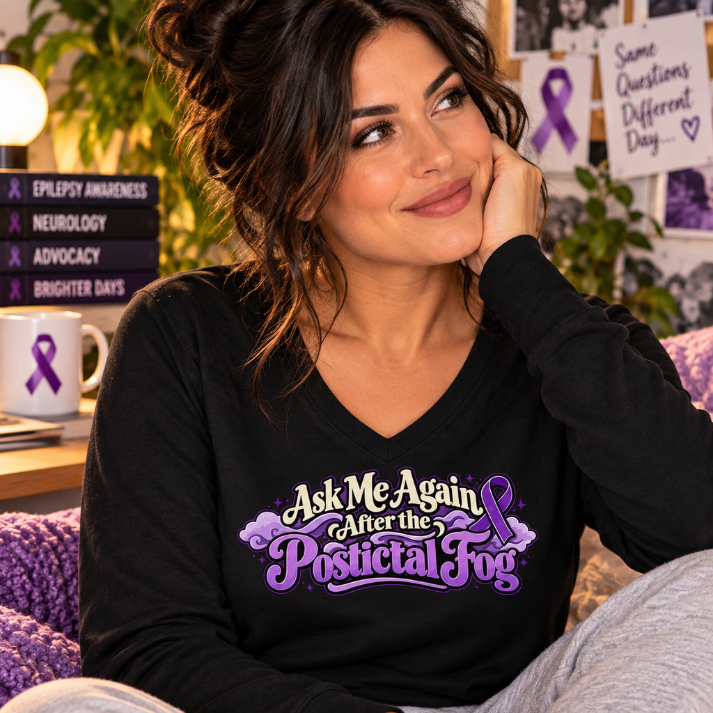 Ask Me Again After the Postictal Fog Women’s Long Sleeve V-Neck Epilepsy Awareness Shirt