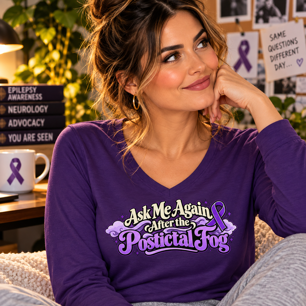 Ask Me Again After the Postictal Fog Women’s Long Sleeve V-Neck Epilepsy Awareness Shirt
