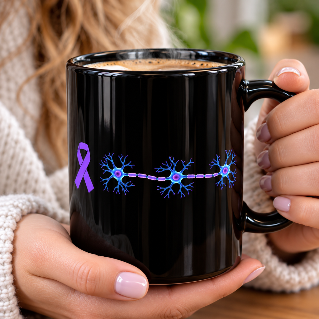 Epilepsy Awareness Neuron & Purple Ribbon Black Ceramic Mug | 11 oz & 15 oz