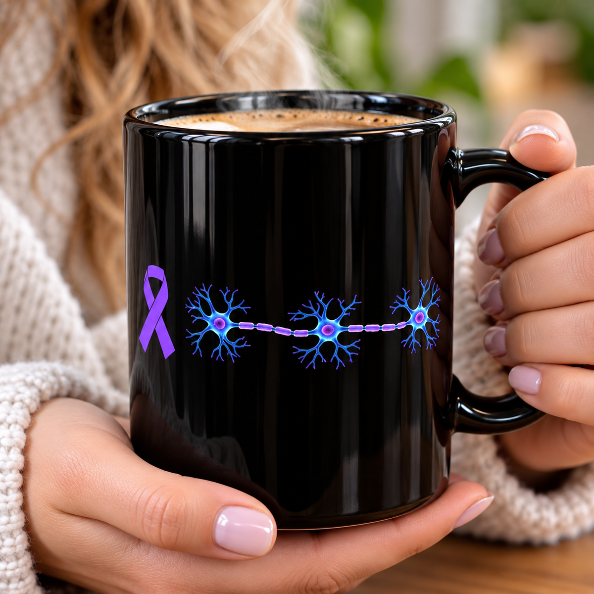 Epilepsy Awareness Neuron & Purple Ribbon Black Ceramic Mug | 11 oz & 15 oz