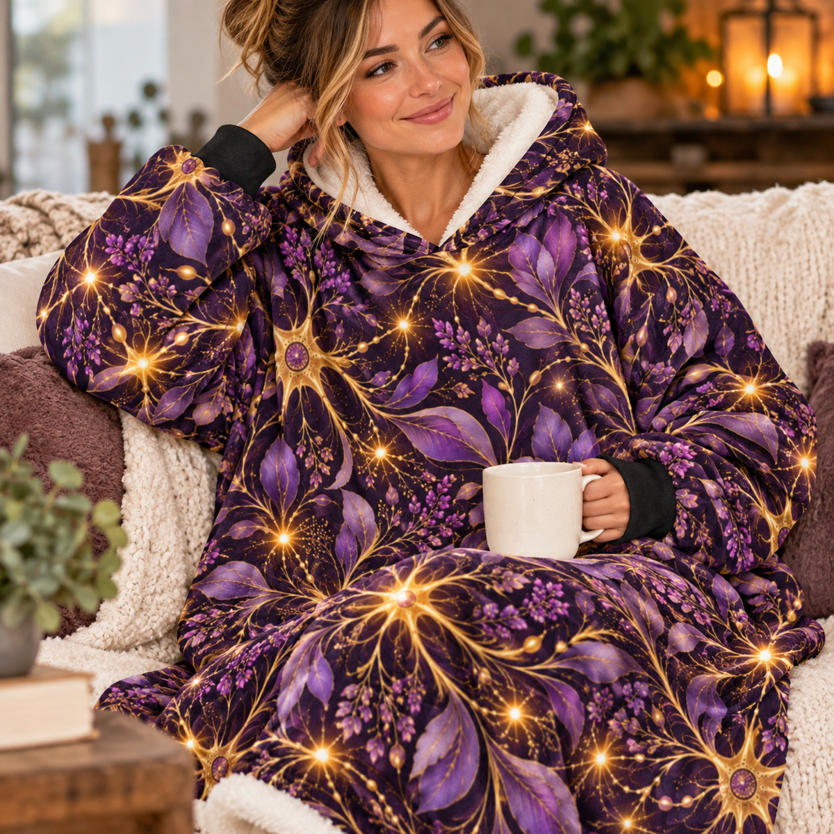 Beautifully Miswired | Purple & Gold Neuron Epilepsy Awareness Hooded Wearable Blanket