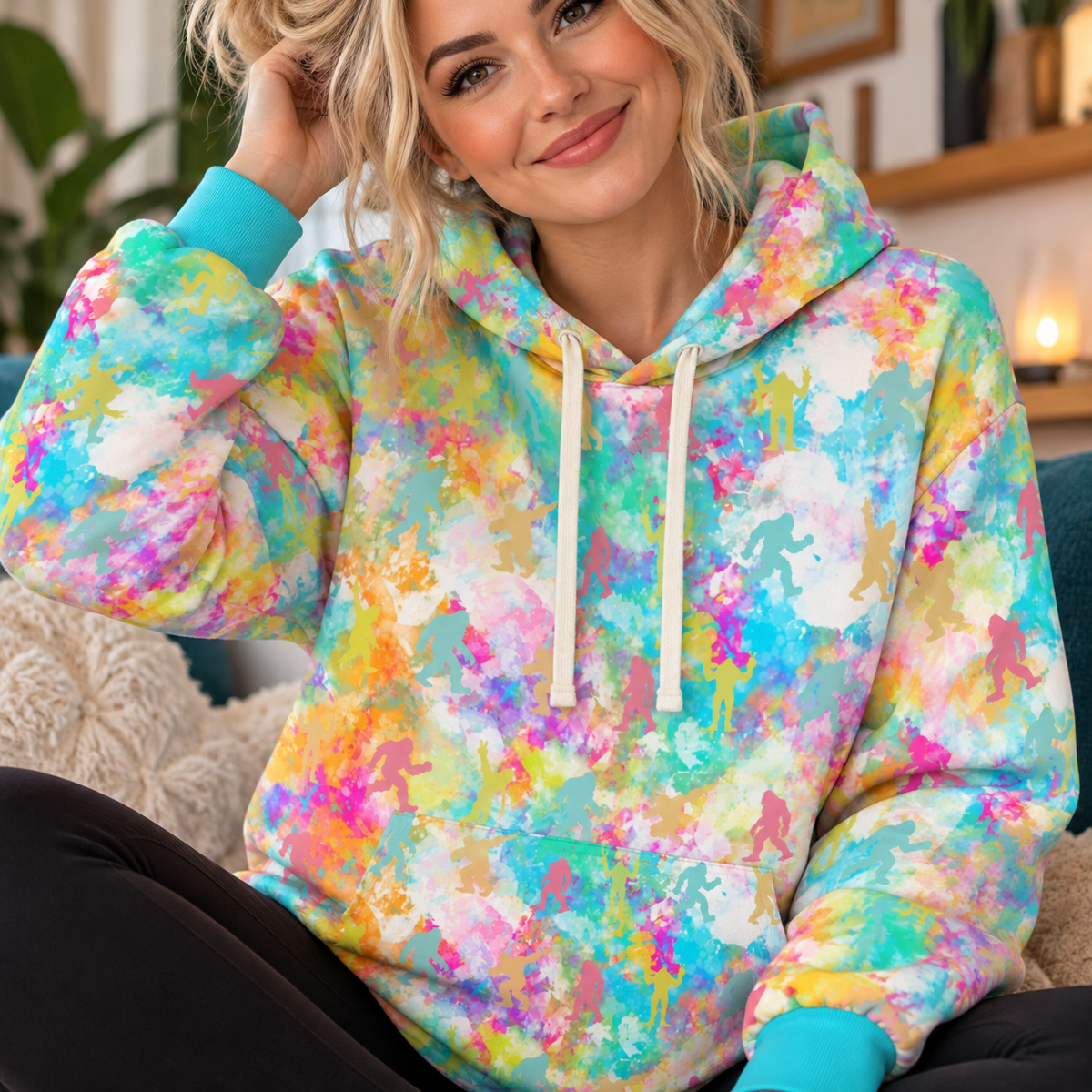 Hide & Squatch Tie-Dye Hoodie | Colorful Hidden Bigfoot All-Over Print