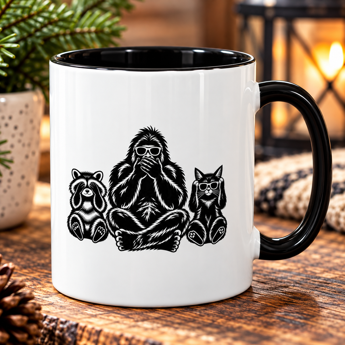 Hear No Evil, See No Evil, Speak No Evil | Bigfoot, Jimothy & Cat Accent Coffee Mug 11oz/15oz