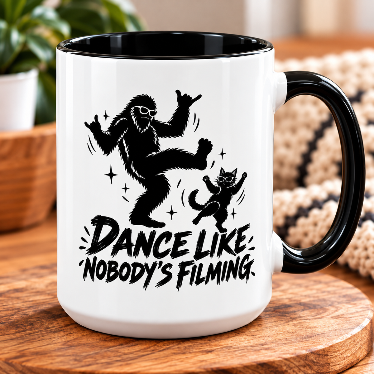 Dance Like Nobody's Filming | Funny Bigfoot & Cat Coffee Mug (11oz/15oz)