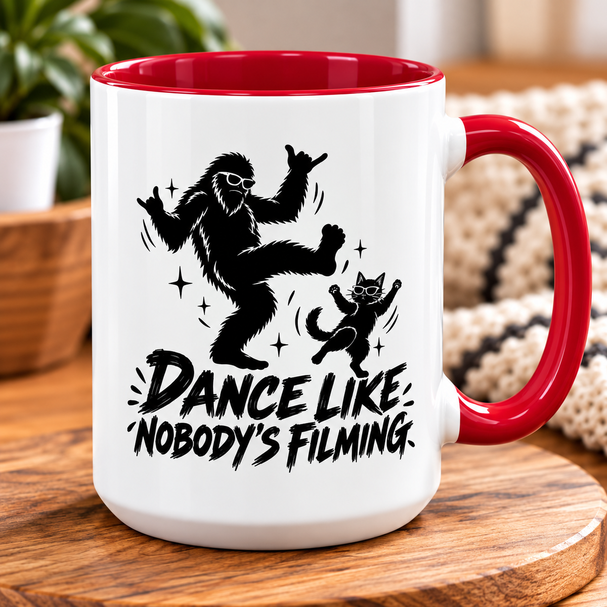 Dance Like Nobody's Filming | Funny Bigfoot & Cat Coffee Mug (11oz/15oz)