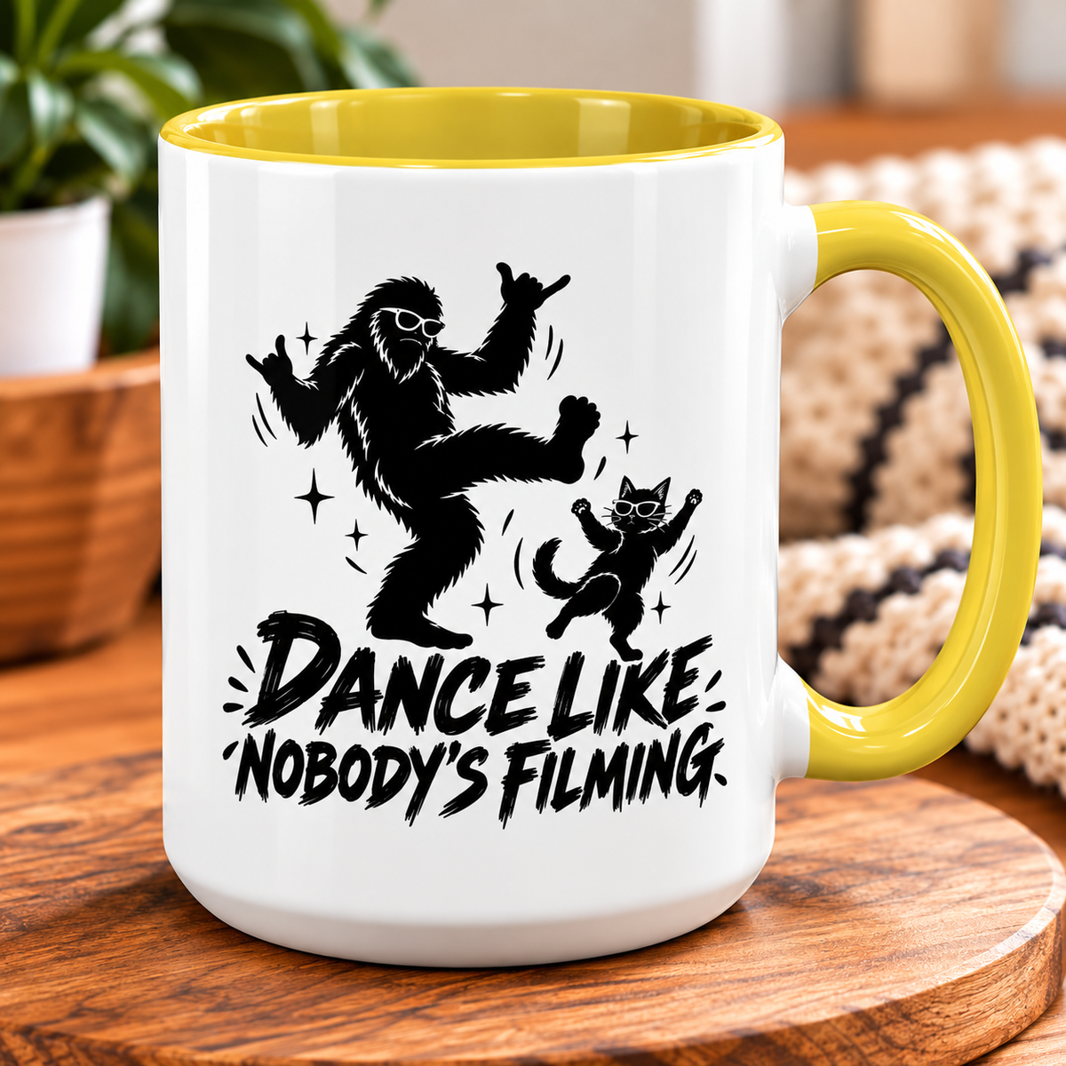 Dance Like Nobody's Filming | Funny Bigfoot & Cat Coffee Mug (11oz/15oz)