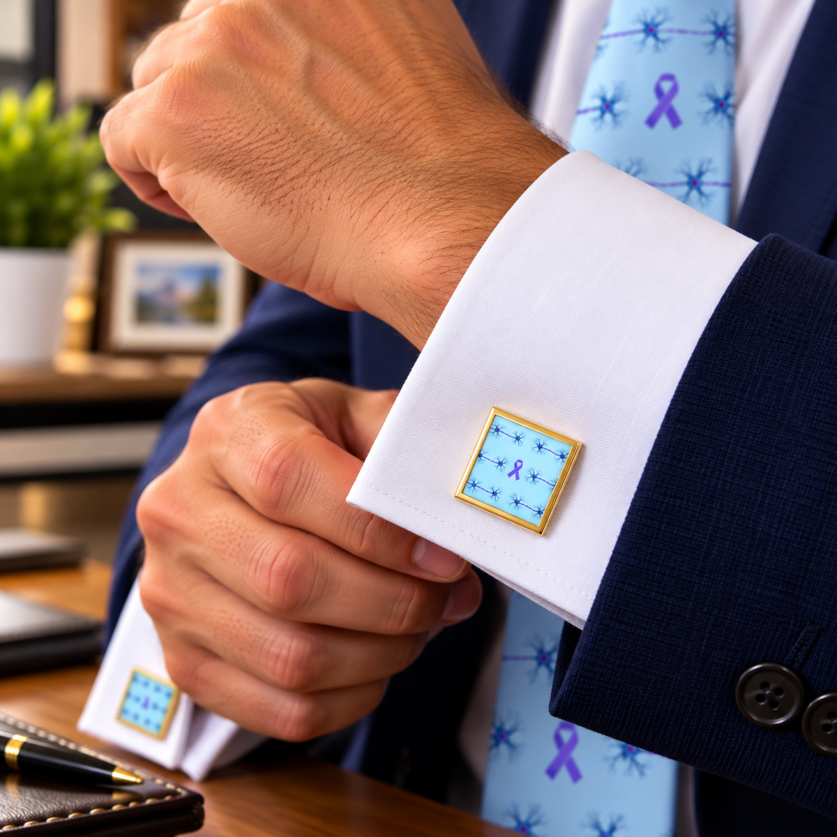 Epilepsy Awareness Cufflinks – Purple Ribbon & Neuron Design