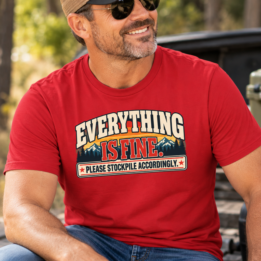 Everything Is Fine Please Stockpile Accordingly T-Shirt | Funny Emergency Preparedness Tee