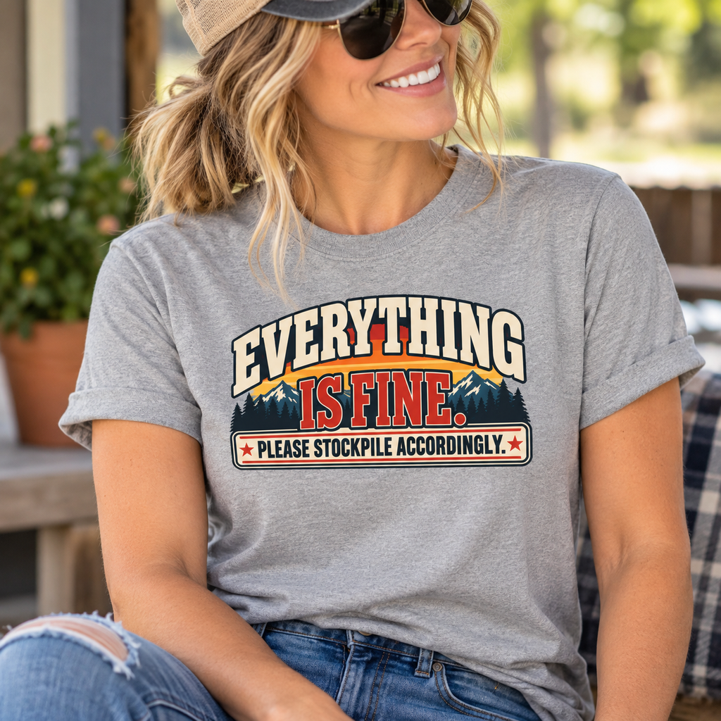 Everything Is Fine Please Stockpile Accordingly T-Shirt | Funny Emergency Preparedness Tee