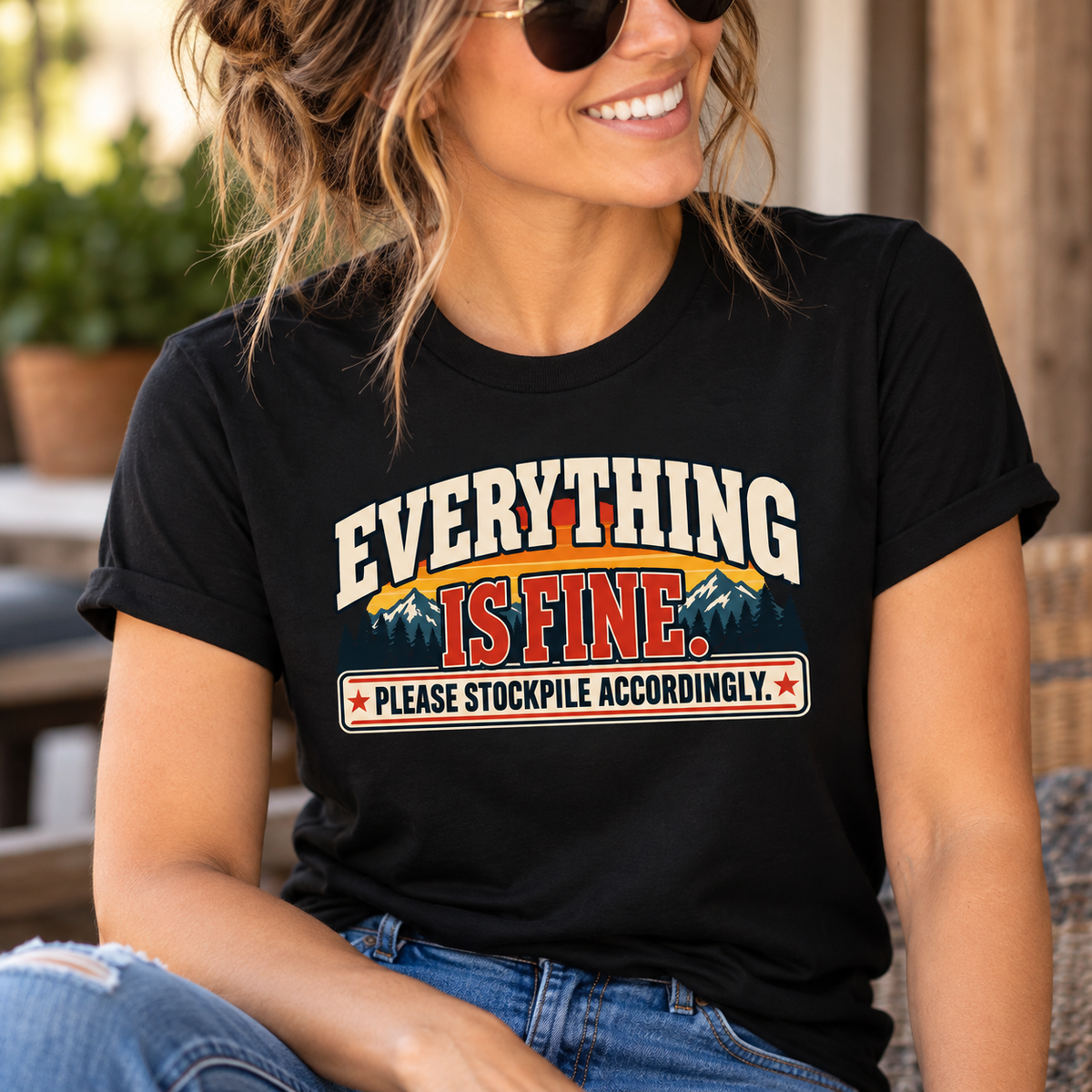 Everything Is Fine Please Stockpile Accordingly T-Shirt | Funny Emergency Preparedness Tee