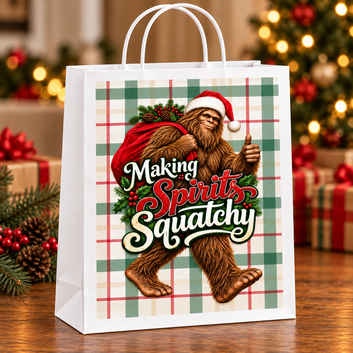 Making Spirits Squatchy Christmas Gift Bag | Bigfoot Holiday Bag | White, 8" x 10.25"