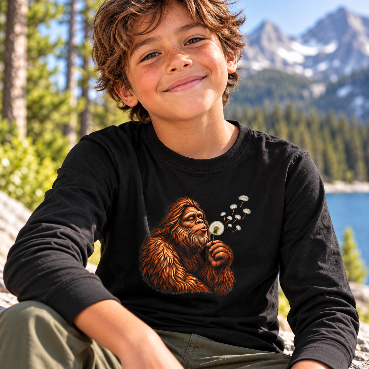 Bigfoot Blowing Dandelion Youth Long Sleeve Tee | Kids Sasquatch Shirt