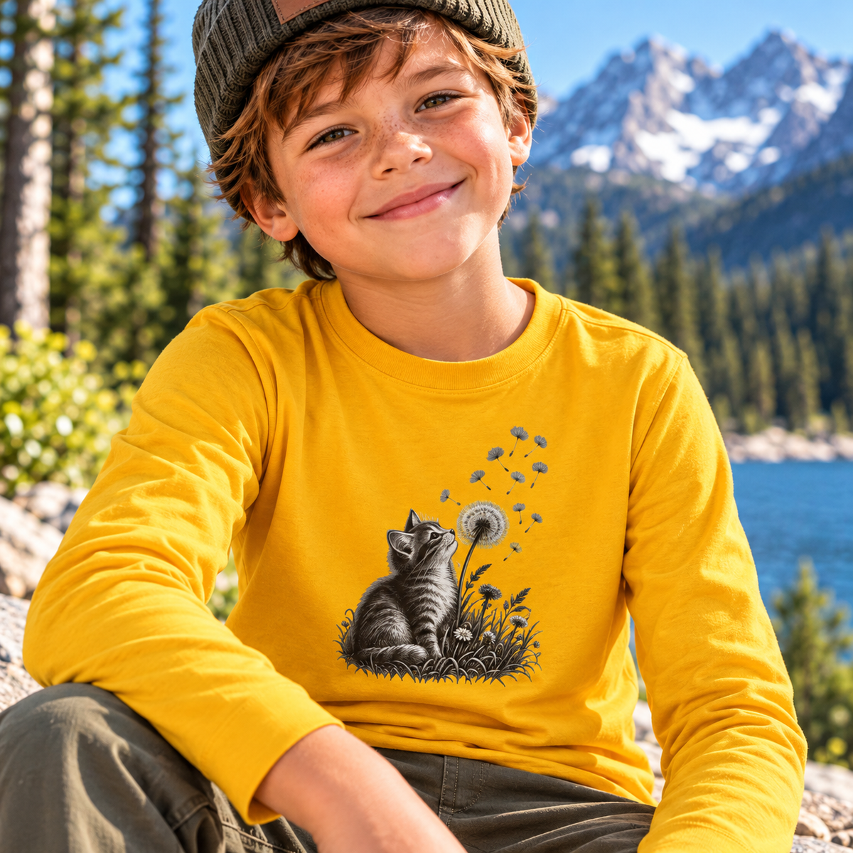 Kitten and Dandelion Youth Long Sleeve Tee | Nature-Inspired Cat Shirt