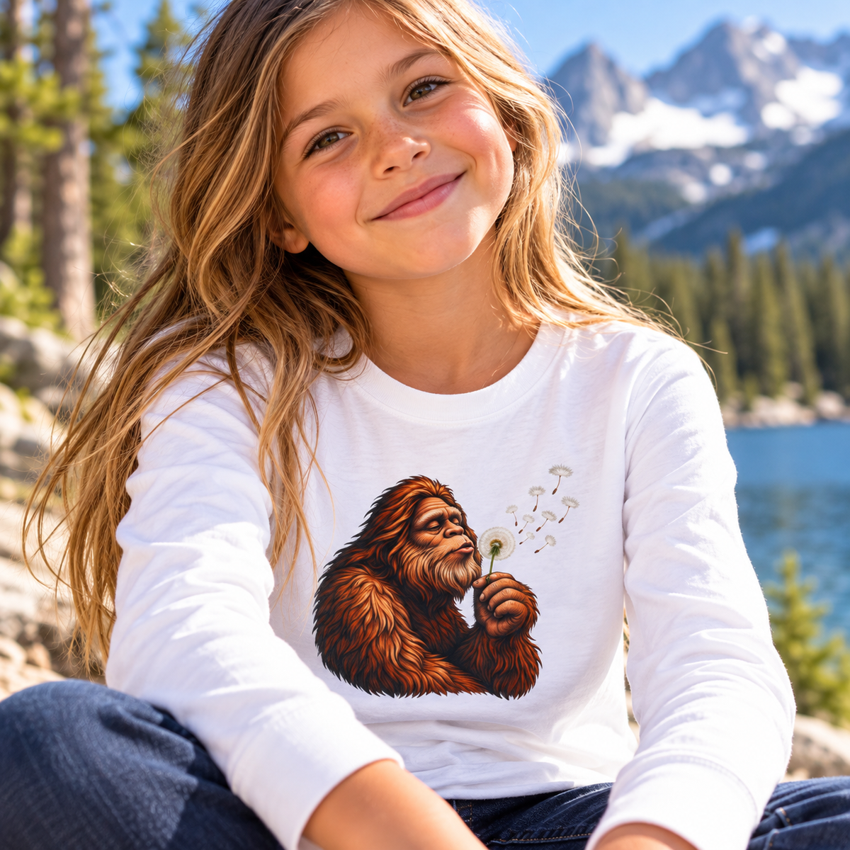 Bigfoot Blowing Dandelion Youth Long Sleeve Tee | Kids Sasquatch Shirt