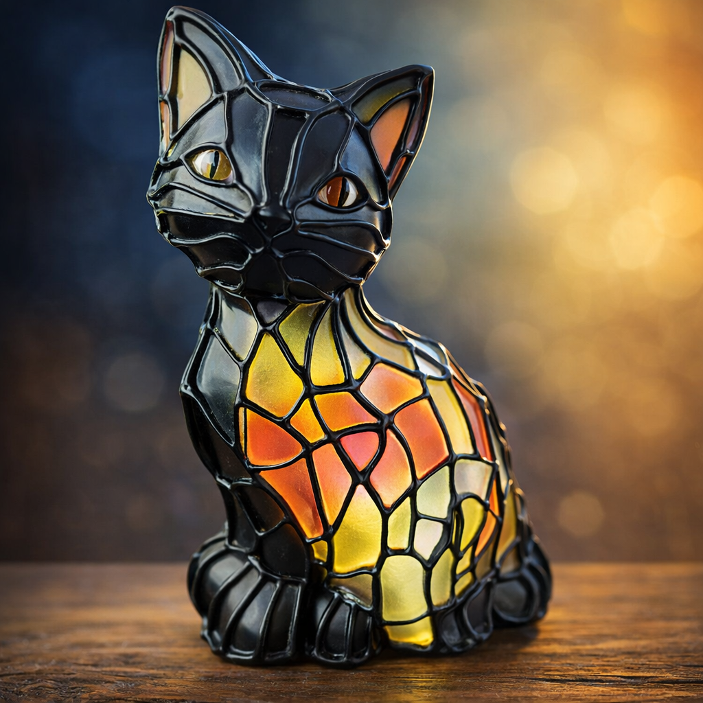 Tiffany-Style Black Cat Table Lamp Stained Resin Decorative Light