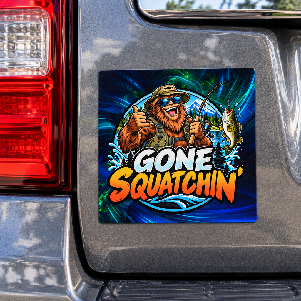 Gone Squatchin' Bigfoot Fishing Car Magnet | Funny Sasquatch Bumper Magnet