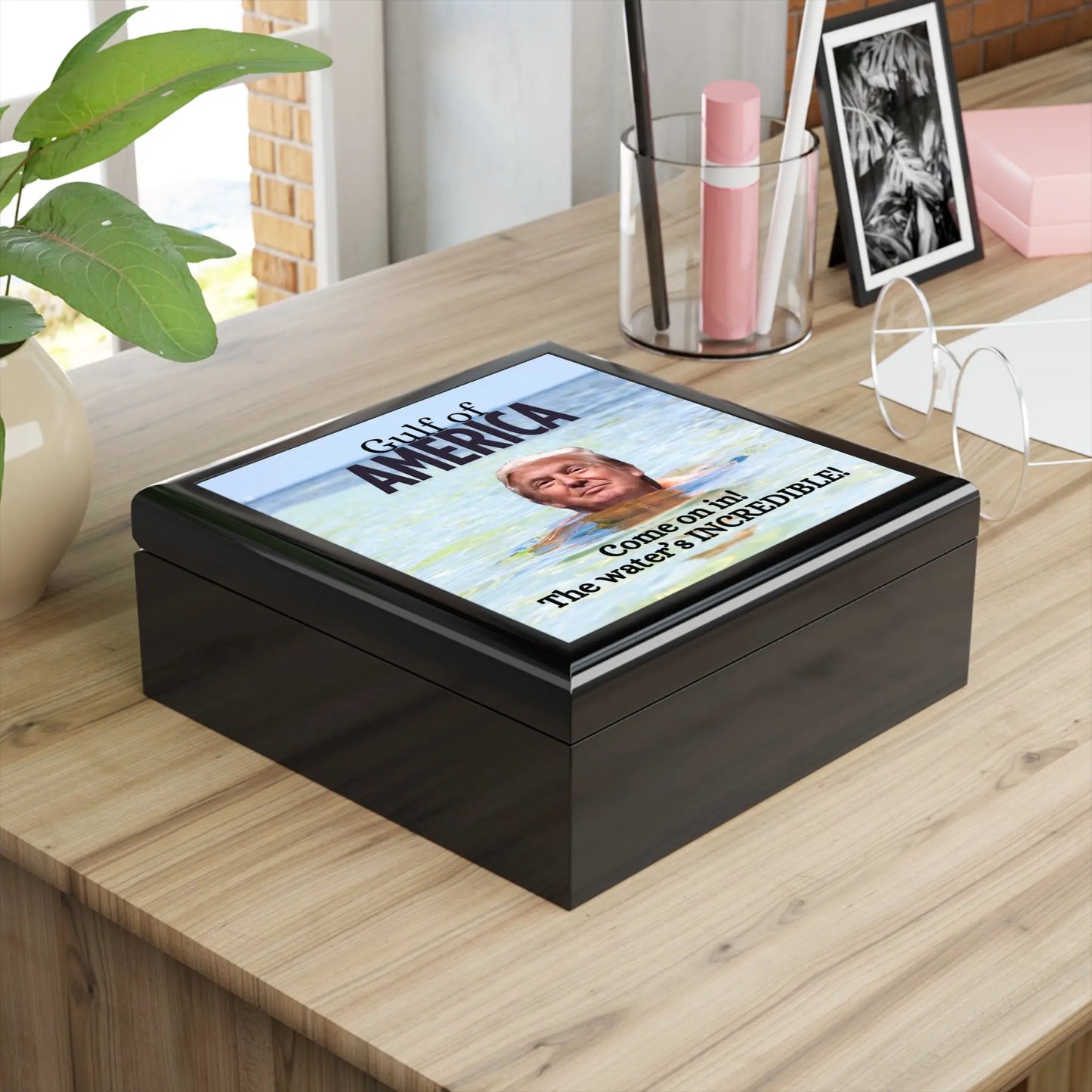 Humorous Jewelry Box - Gulf of America Design with Virtual Swimming Trump Printify