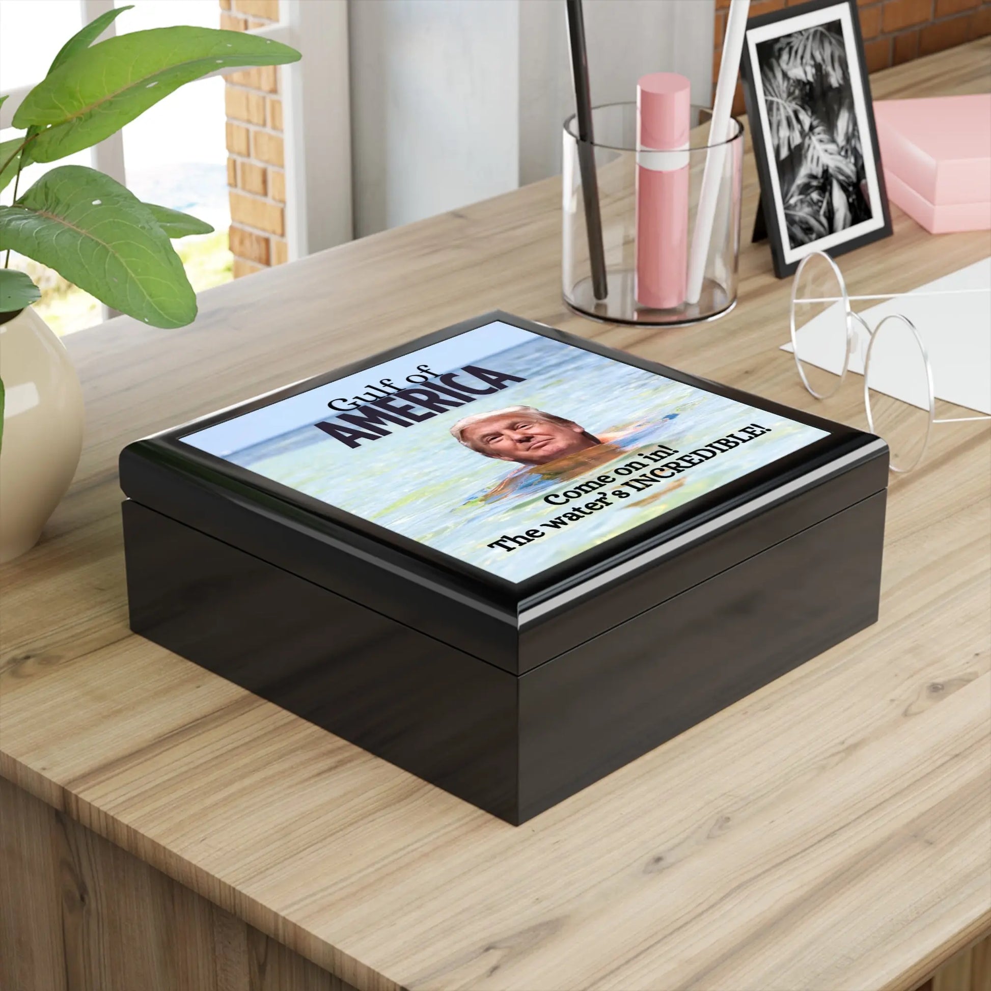 Humorous Jewelry Box - Gulf of America Design with Virtual Swimming Trump Printify
