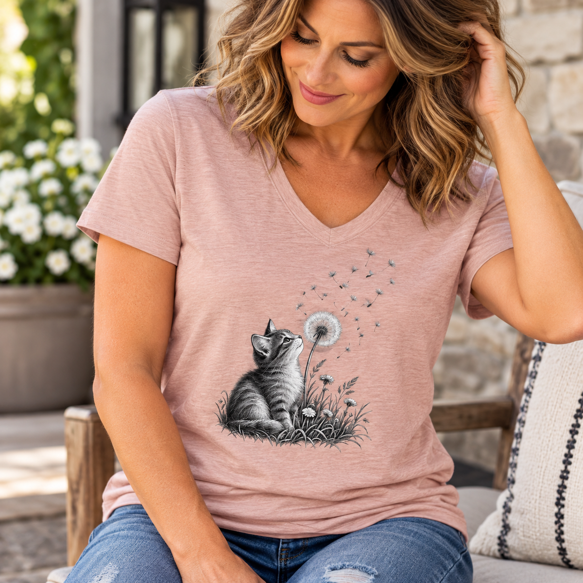 Kitten & Dandelion Women's Relaxed V-Neck T-Shirt | Cat Lover Floral Tee