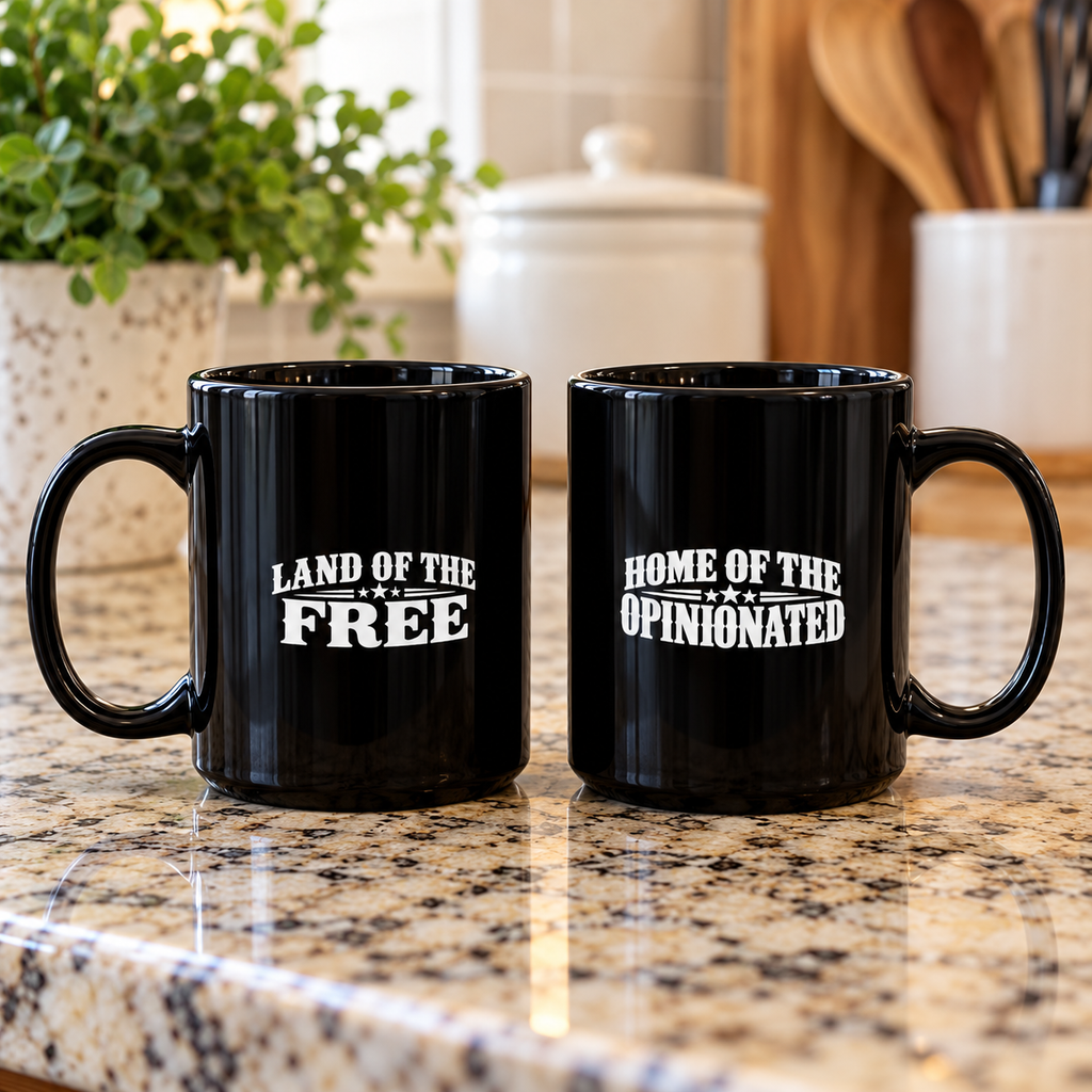 Home of the Opinionated Black Ceramic Mug | Funny Political Humor Coffee Cup | 11 oz & 15 oz