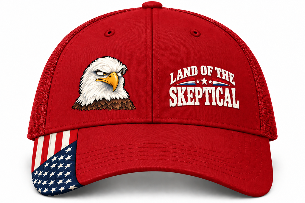 Land of the Skeptical Patriotic Trucker Hat | Side-Eye Eagle American Flag Cap