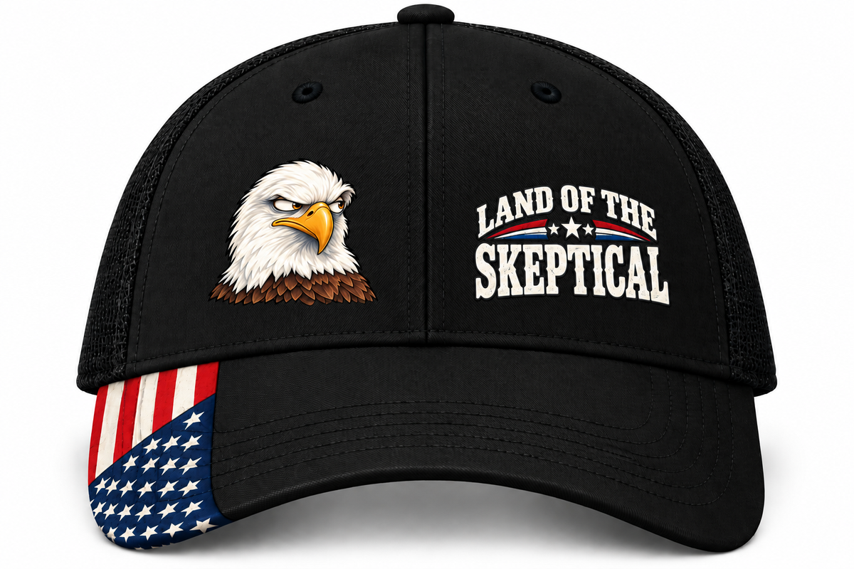 Land of the Skeptical Patriotic Trucker Hat | Side-Eye Eagle American Flag Cap