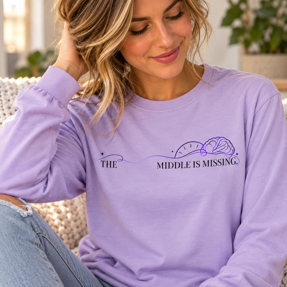 Long Sleeve T‑Shirt — “The Middle Is Missing” Minimal Brain Puzzle Design
