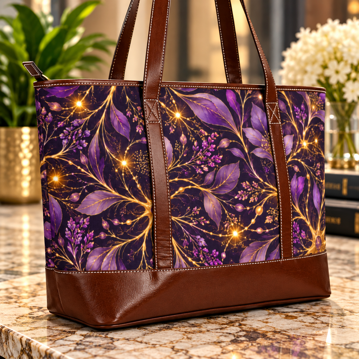 Beautifully Miswired Purple & Gold Neuron Floral Tote Bag | Epilepsy Awareness Handbag