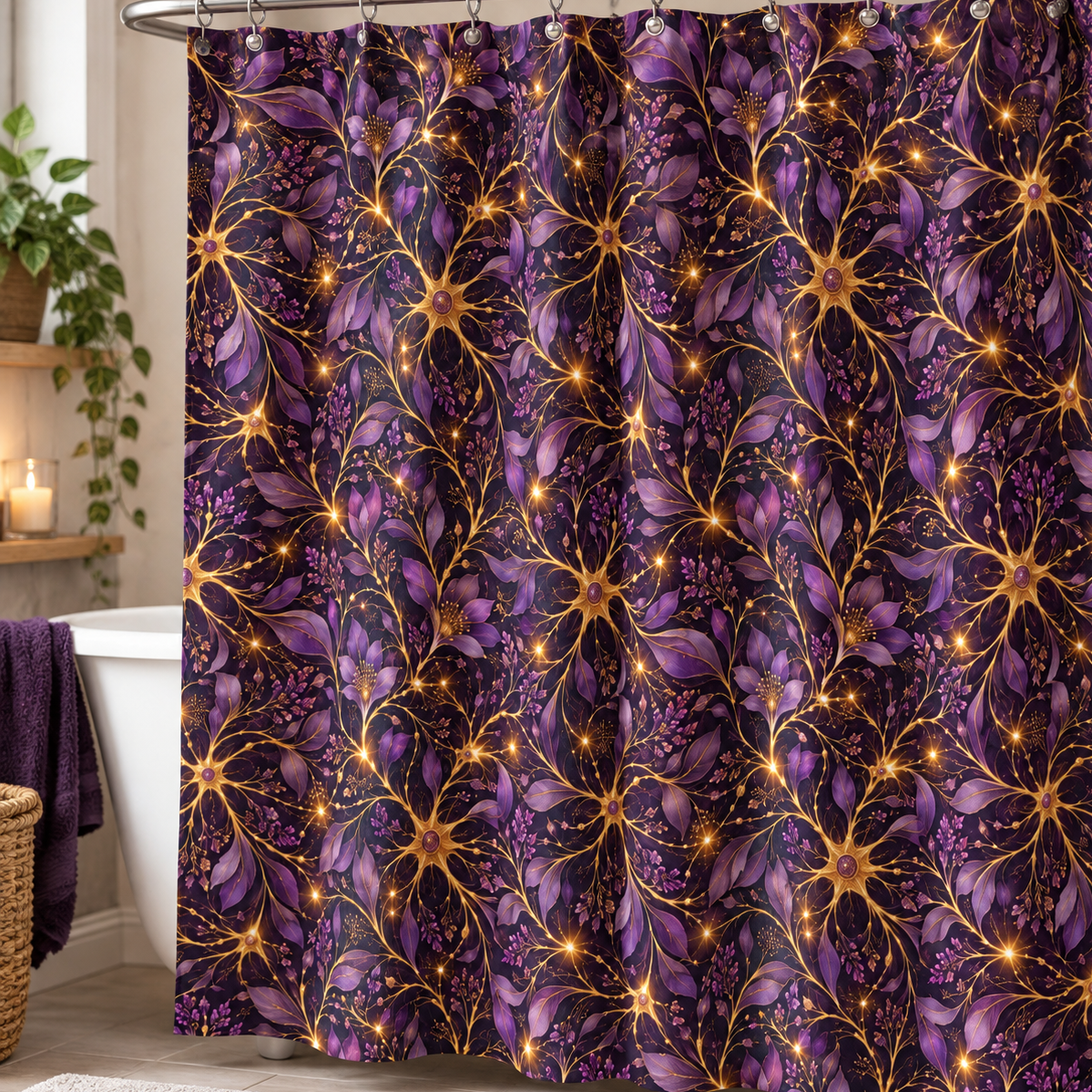 Beautifully Miswired Purple & Gold Neuron Shower Curtain | Epilepsy Awareness Bathroom Decor
