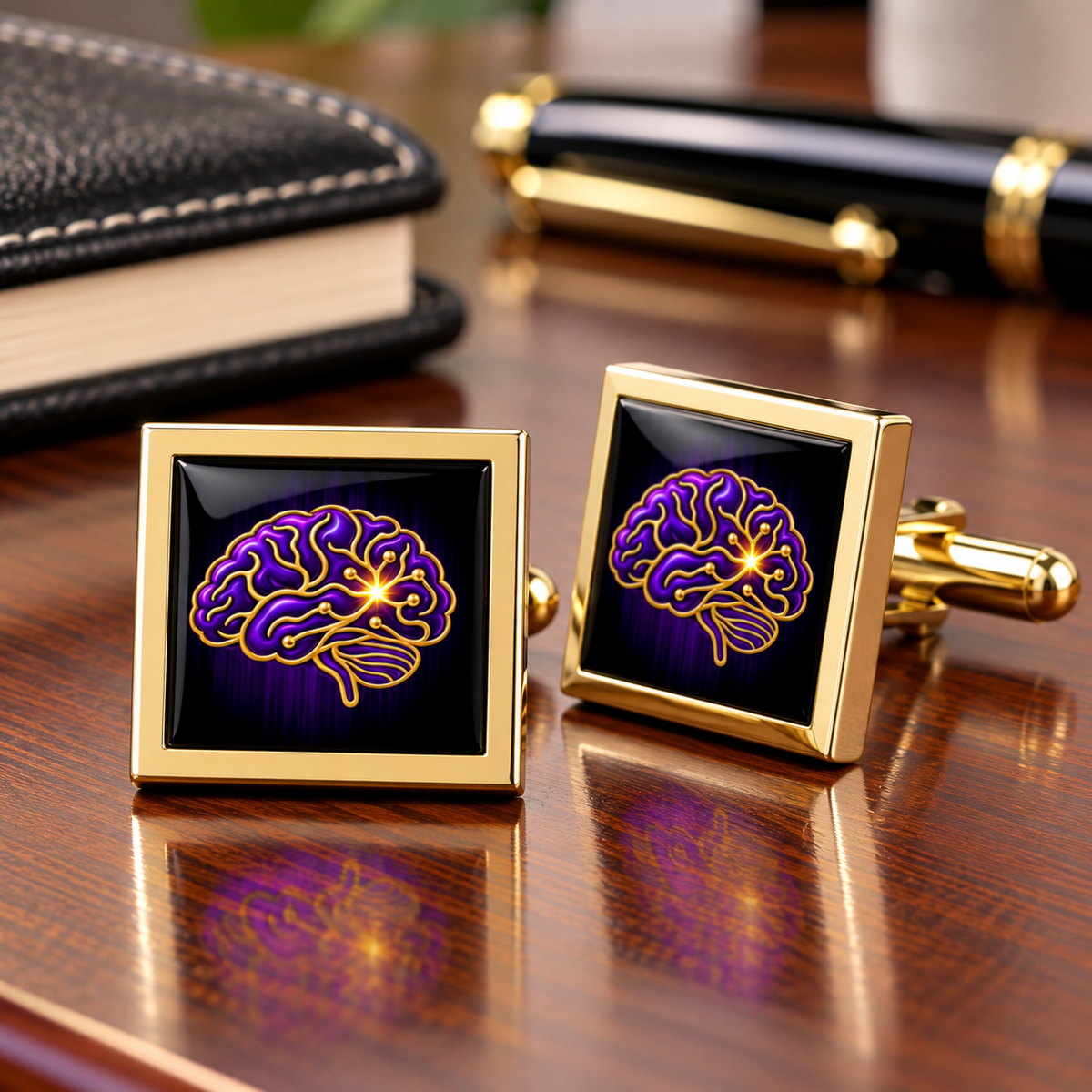 Epilepsy Awareness Cufflinks | Purple & Gold Brain Design | Stainless Steel