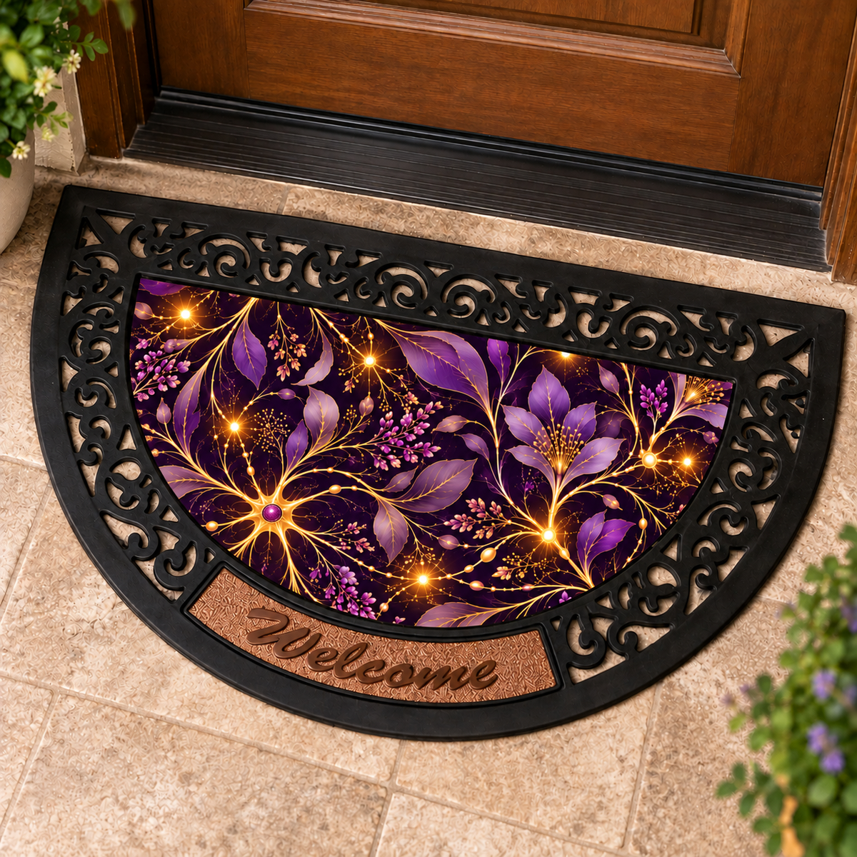 Purple Neuron Garden Rubber Door Mat | Epilepsy Awareness Welcome Mat | Rectangular & Half-Moon