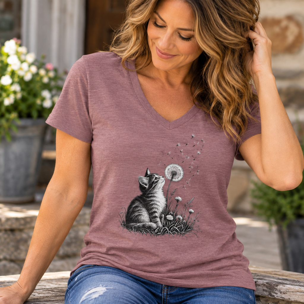 Kitten & Dandelion Women's Relaxed V-Neck T-Shirt | Cat Lover Floral Tee
