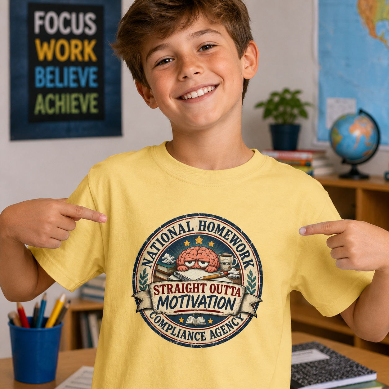 Little boy wearing a yellow tee.
