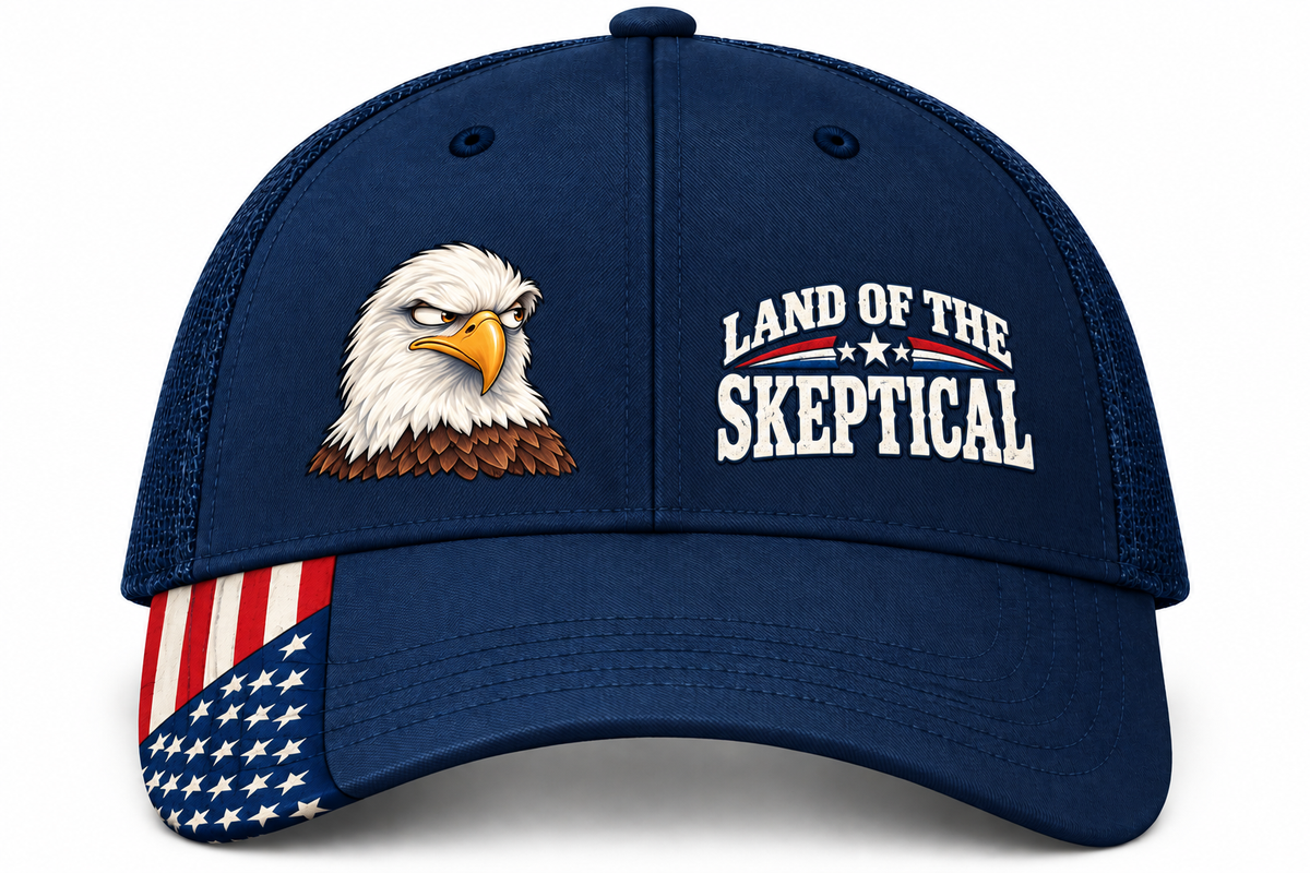 Land of the Skeptical Patriotic Trucker Hat | Side-Eye Eagle American Flag Cap