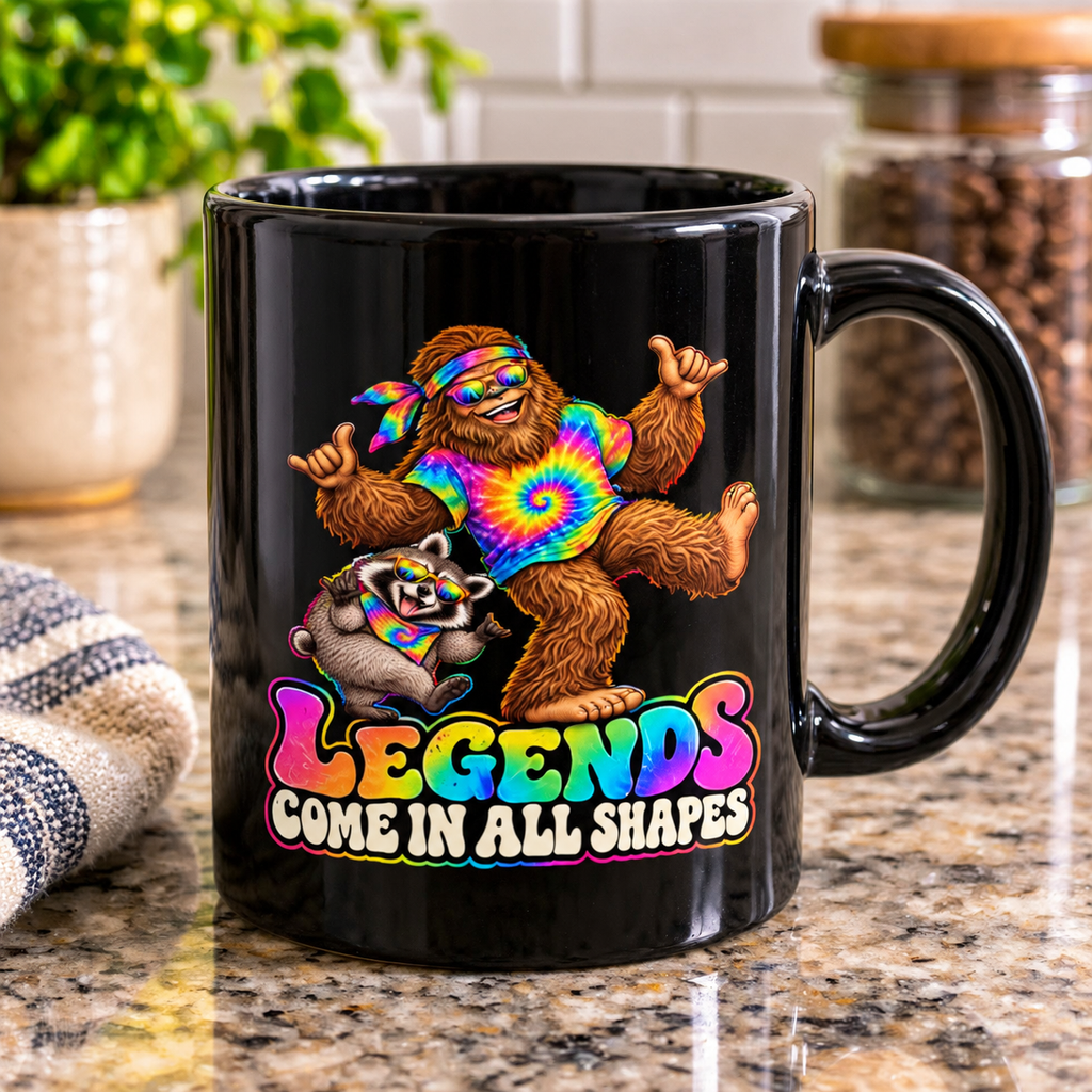 Legends Come in All Shapes | Bigfoot & Jimothy Raccoon Black Ceramic Mug (11oz/15oz)