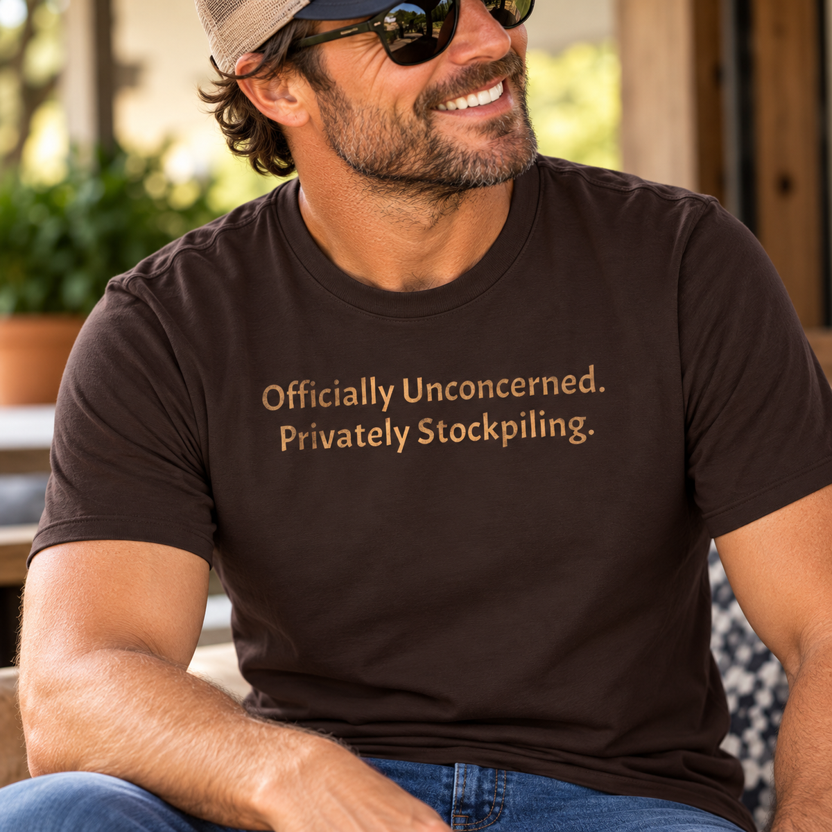 Officially Unconcerned Privately Stockpiling T-Shirt | Metallic Lettering | Sarcastic Prepper Humor