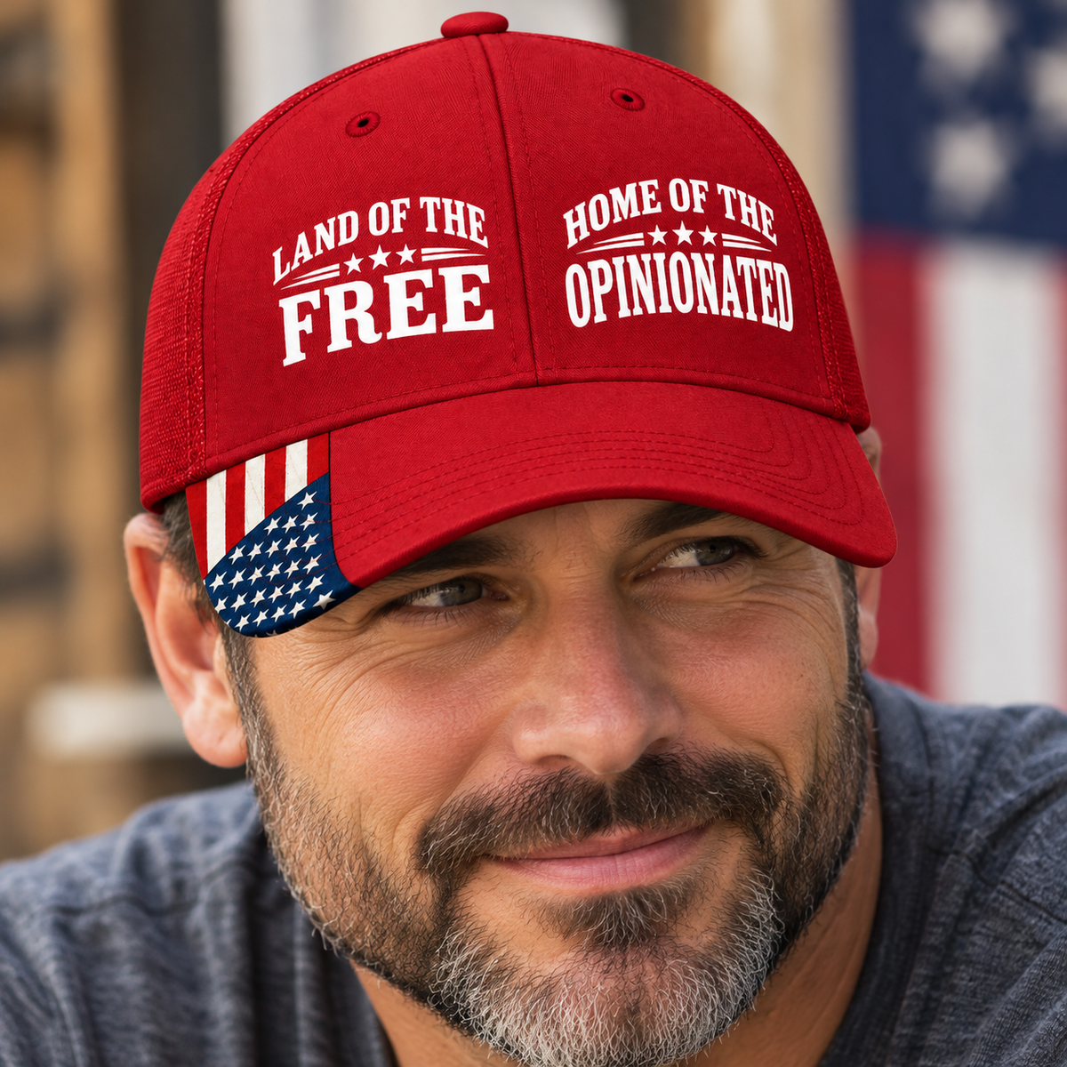 Land of the Free, Home of the Opinionated Patriotic Trucker Hat | American Flag Snapback Cap