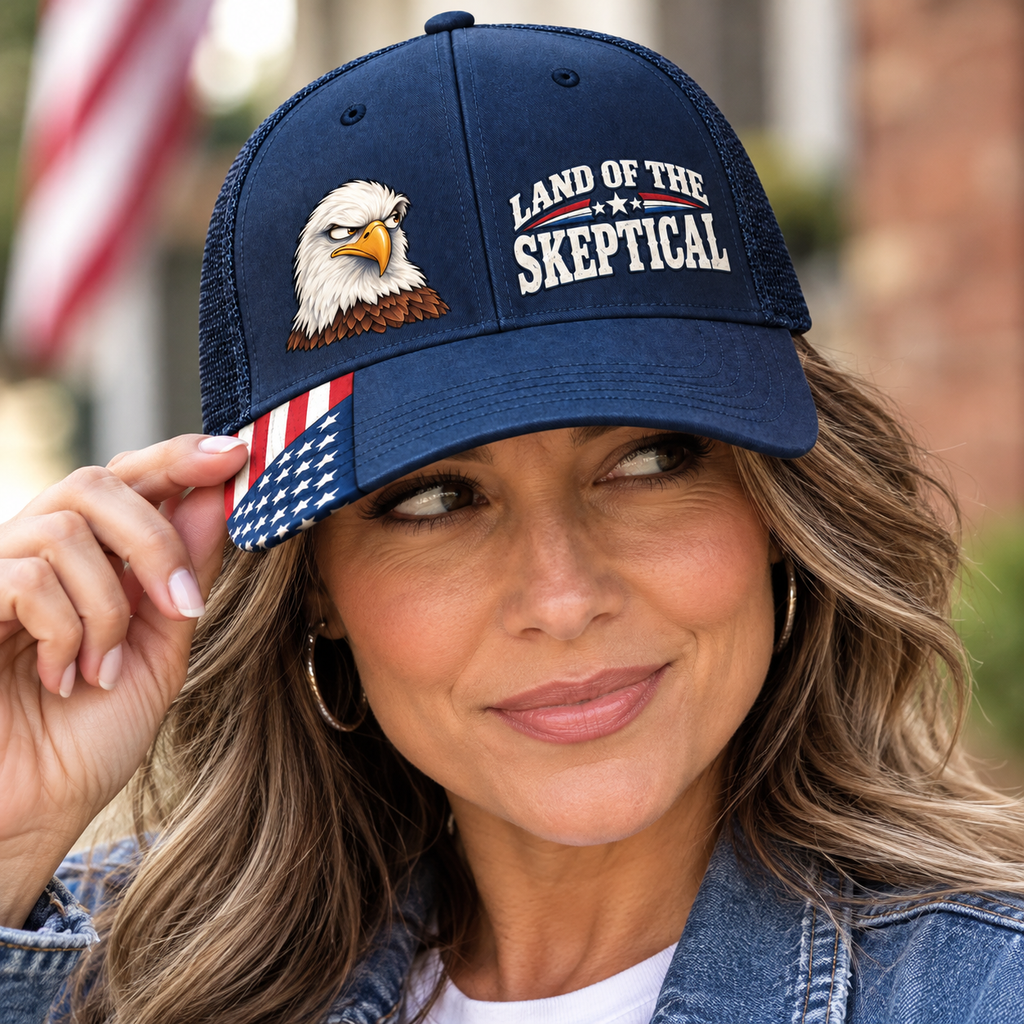Land of the Skeptical Patriotic Trucker Hat | Side-Eye Eagle American Flag Cap