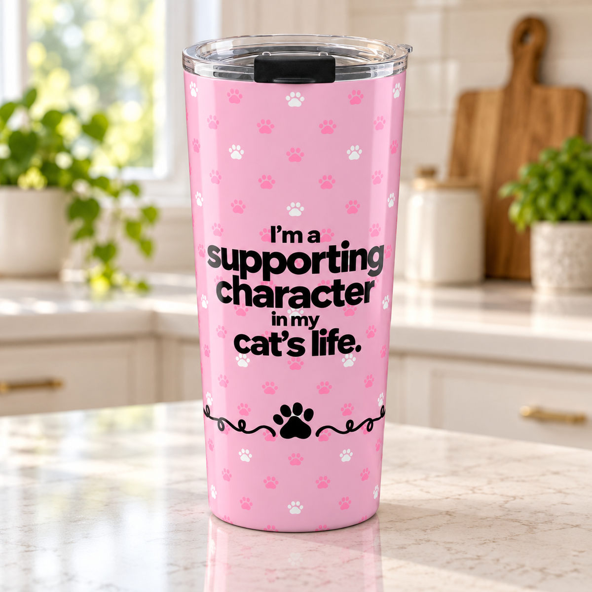 Supporting Character in My Cat’s Life Pink Paw Print Tumbler, 20 oz